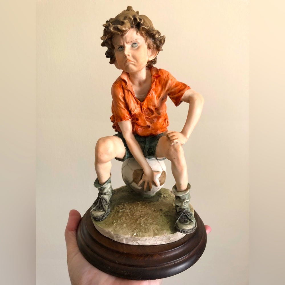 Vintage Art Sculpture Soccer Boy Signed by Giuseppe Armani